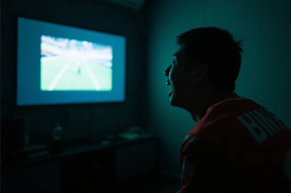 球迷在深夜观看足球直播的氛围感画面